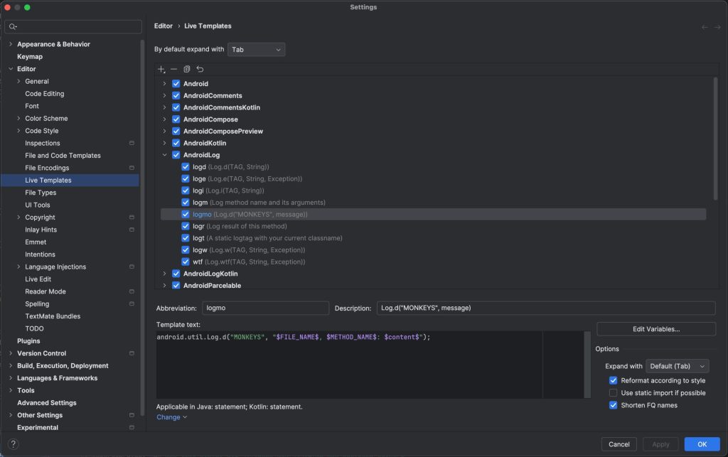 Android studio live template settings listing all the default templates available